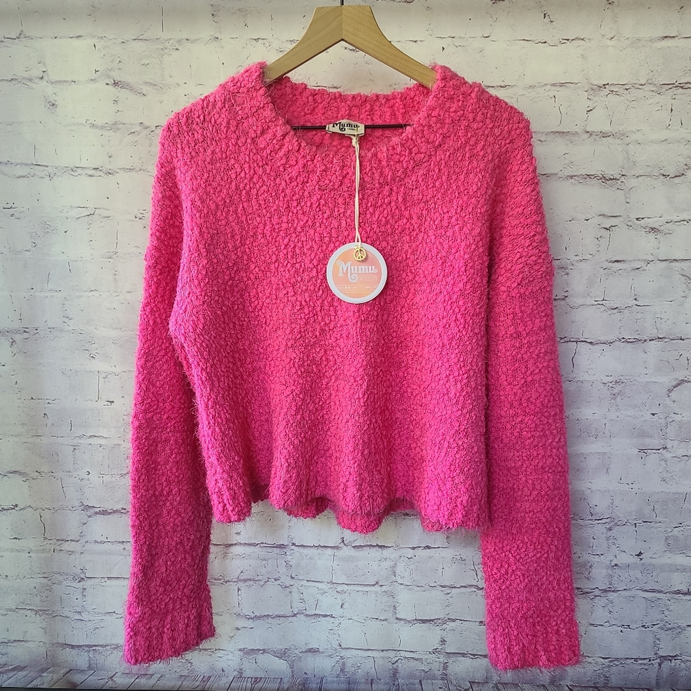 NWT Show Me Your Mumu Pink Cropped Sofy Knubby Knit Varsity Sweater